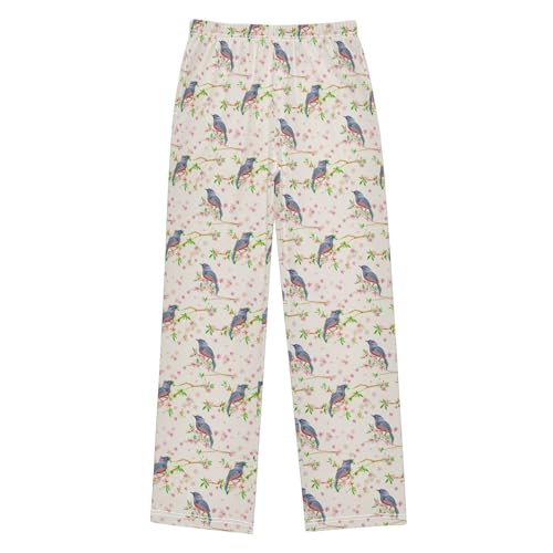 Birds Spring Floral Boys Long Pants Soft Trousers Elastic Waist Kids Lounge Bottoms with Pockets S-XL