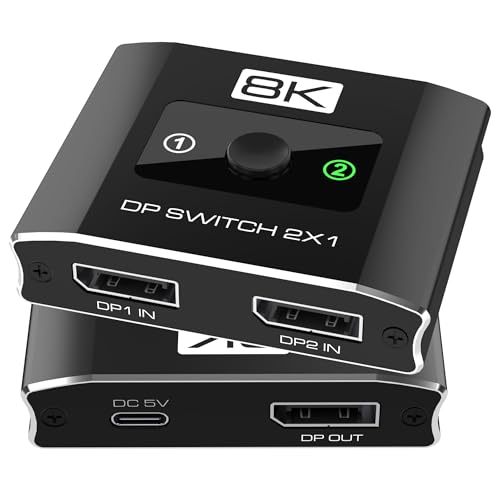 8K@60Hz DisplayPort Switch 2 in 1 Out 3-Port DP1.4 DisplayPort Switcher Selector Box Support 4K@144Hz High Refresh Rate with DSC Display Port Monitor Switch for Laptop Desktop Graphics Card