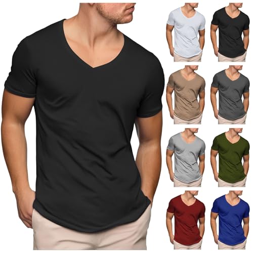 Mens Deep V Neck T Shirts Casual Short Sleeve Low Cut Scoop Tee Muscle Workout Gym Athletic Slim Fit Undershirts Tops