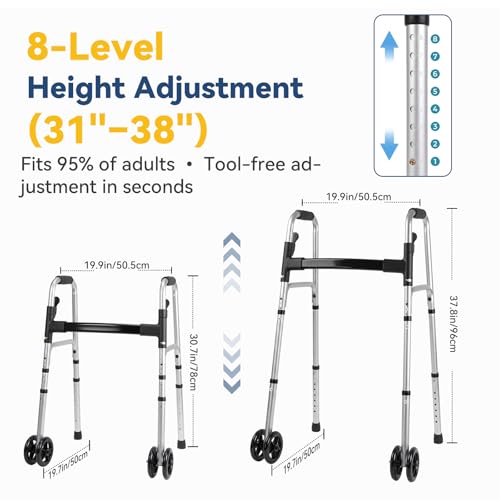 Image of Folding Walker for Seniors with Reflective Strip Basket for Seniors Elderly | Lightweight Aluminum Rolling Walker with 4 x 5 inch Front Wheels, Storage Bag & Ski Glides 8 Height Adjustments, 350lbs Capacity