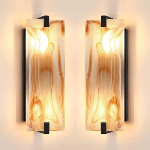 Image of 2 Pack 2 Light 15.7 inch Red Frosted Glass Bathroom Wall Sconce Modern Concise Style Wall Light Fixture,Black Finish for Bedroom Hallway Bedside