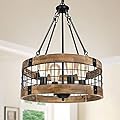 4-Light Rustic Chandelier for Entryway, Round Farmhouse Light Fixtures for Dining Room, Industrial Drum Hanging Pendant Lighting for Kitchen Island, Nature Wood Texture and Black Metal Finish