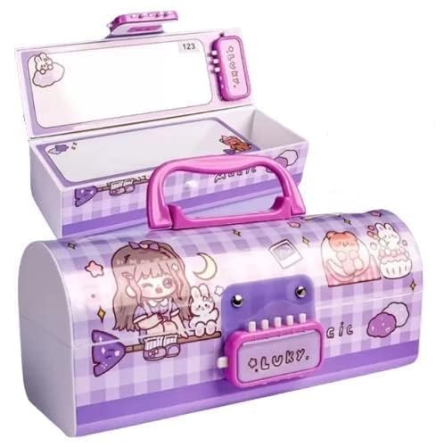 Image of WORSHIPER Cartoon Theme Pencil Box for Kids | Suitcase Style Password Lock Stationery Organizer | Multi-Layer Pen & Pencil Case for Boys & Girls (LPPB - Lucky Purple)