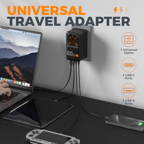 Image of TESSAN Universal Travel Adapter, Black | 100W GaN, 4 USB Ports (2 USB C), International Power Adaptor, US to EU Europe UK AUS France Italy Spain Ireland, Type C G A I