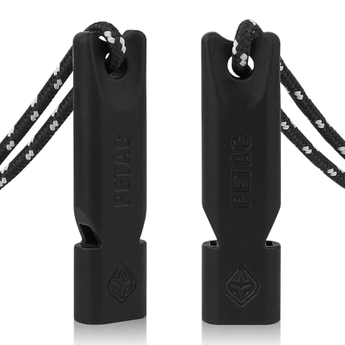 PETAC GEAR Emergency Whistle, Safety Survival Whistles with Lanyard, High Pitch Survival Whistle for Hunting Hiking Camping Hunting Fishing Boating (2PCS, BK)