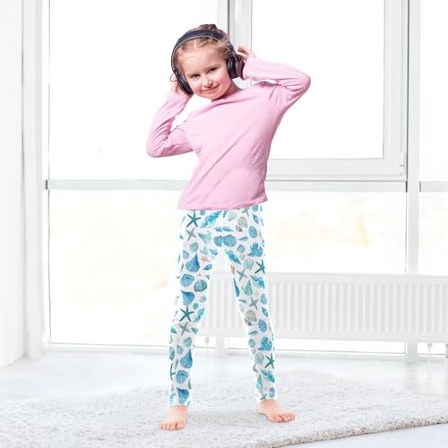 Wusikd Watercolor Teal Girls' Leggings Toddler Doodles Blue Sea Shells Starfish Kids Yoga Pants Dance Active Tights 4T4