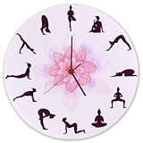 speecheese Yoga Wanduhr aus Glas mit verschiedenen Yogastellungen Witzige Uhr für Yogasport Yogastudio mit Blumenmotiv für mehr Sport und Beweglichkeit im Alltag