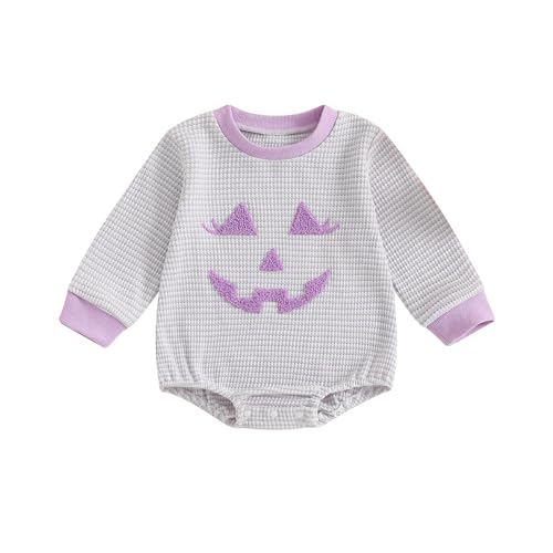 Baby Boy Girl Halloween Outfit Pumpkin Ghost Embroidered Sweatshirt Romper Stripe Waffle Long Sleeve Bodysuit Tops