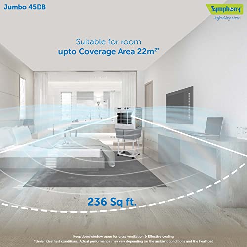 Image of Symphony Jumbo 45 DB Desert Air Cooler For Home with Aspen Pads, Powerful Double Blower, Cool Flow Dispenser and Free Trolley (41L, Grey)