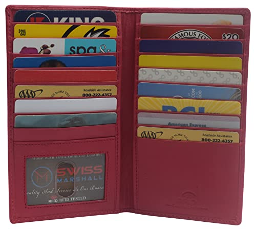 RFID Blocking Bifold Genuine Leather Credit Card ID Holder Long Wallet (Hot Pink)2