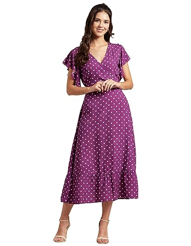 Image of Moomaya Women's Printed Dress, V-Neck, Short Sleeves, Ruffled Midi Summer Dress