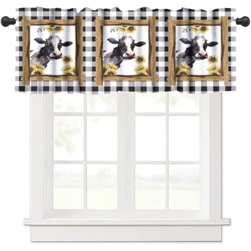 Yearn Jear Highland Cow Bull Kitchen Curtain Valance, Sunflower Farm Animal Cattle Rustic Black White Buffalo Check Plaid Rod Pocket Short Cafe Small Window Treatment Drapes Decor 54x18 in