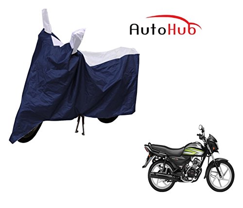 Auto HubAuto hub Bike Cover Compatible with CD 110 Dream, with Mirror Pocket, Heatproof, Belt & Buckle, CD 110 Dream Bike Cover - 1 Unit, Blue-Silver