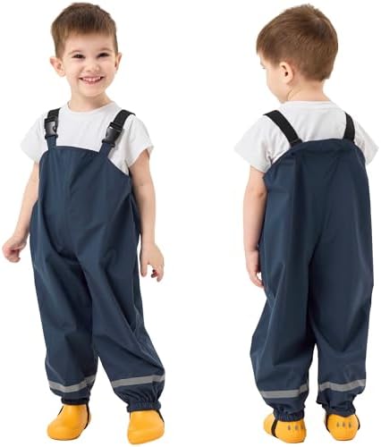 Fewlby Kids Rain Bib Pants, Toddlers Waterproof Suspender Dirty Proof Rain Wear for Boys and Girls Navy