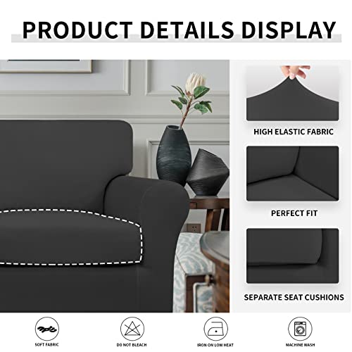 Easy-Going 2 Pieces Microfiber Stretch Chair Slipcover – Spandex Soft Fitted Sofa Couch Cover Washable Furniture Protector With Elastic Bottom Kids Pet Dark Gray #TOP3