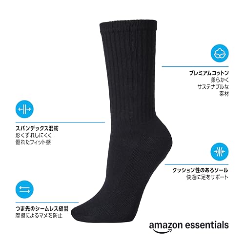 [Amazon Essentials] 10枚組 クルーソックス 靴下 ライトクッション コットン レディース ブラック 22.5-24.5 cm