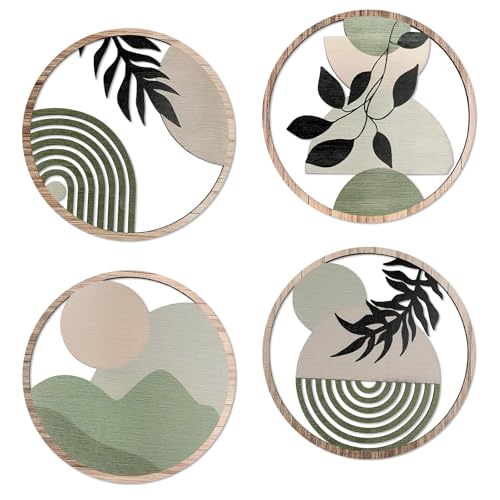 DETENE 4 Stück Holz Boho Wand Deko Holz Modern Wanddeko Wohnzimmer Minimalistische Wandkunst für Kunst Wohnzimmer Bauernhaus Kindergarten (Aushöhlung-grün)