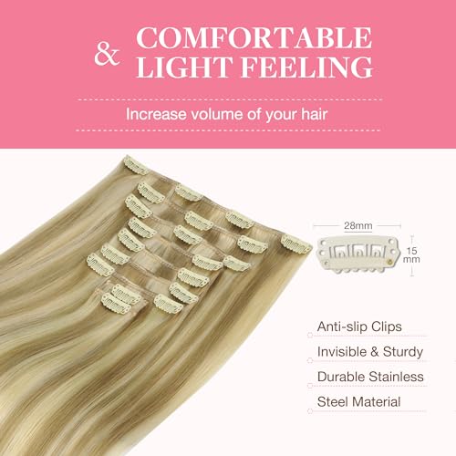 Image of GOO GOO Clip in Hair Extensions Real Human Hair, Remy Human Hair Extensions Clip ins for Women, Natural Human Hair, 18inch 150g 9Pcs, 16 /22 Light Blonde Highlighted Golden Blonde