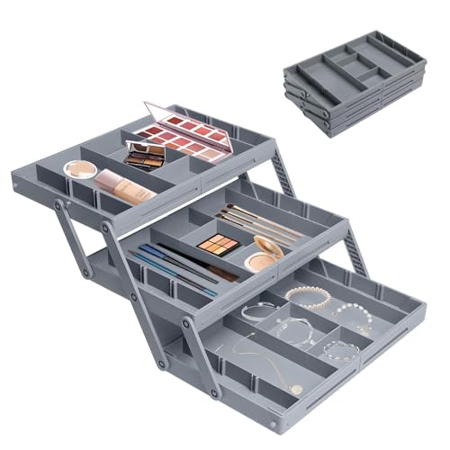 3 Tier Drawer Organizer, Folding Smart Drawer Organiser Multi Level Expandable Drawer Organizer Makeup Drawer Shallow Organizer Tray for Makeup Jewelry Office Supplies
