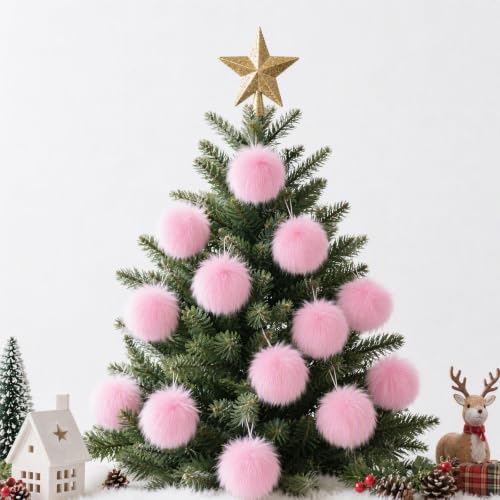 Image of 12 Pcs Christmas Tree Decorations Faux Furry Christmas Balls 10cm (Pink)