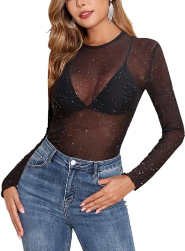YYA Mesh Top for Women Long Sleeve Round Neck Mesh Shirt Sheer Top Solid Floral Tee Shirts Black...
