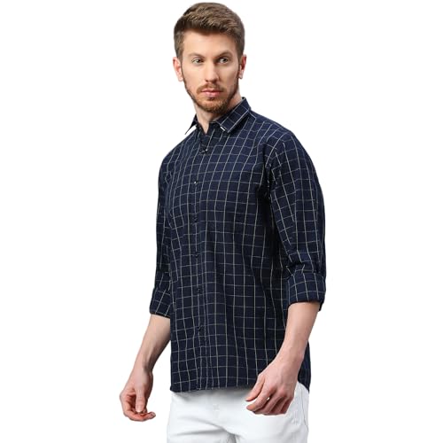 Klub Fox Mens Dark Blue Checked Slim Fit Cotton Casual Shirts with