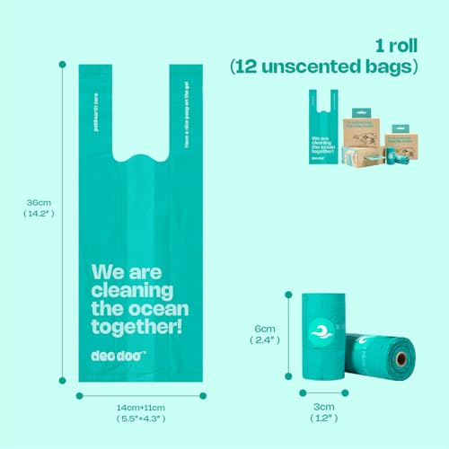 Image of Deo Doo Dog Poop Bags with Handles 144 Counts, Ocean-Recycled, Unscented | 100% Ocean-Waste Materials, Extra thick and Leak Proof, Easy-Tie & Tear-Resistant Design for Dog Walks Cleanups