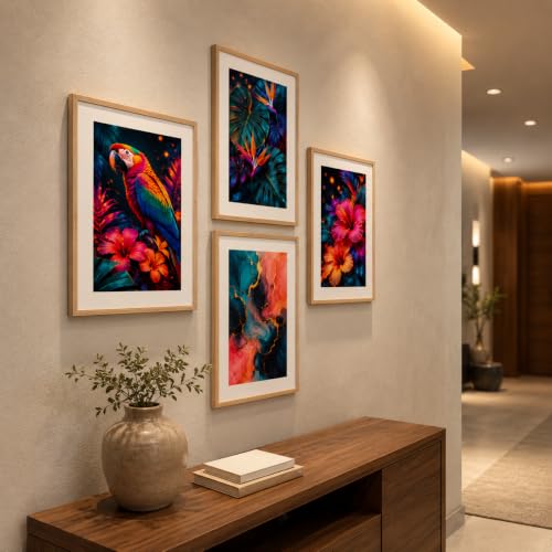 Image of Livin'luxe Set of 4 Tropical Parrot Floral & Abstract Wall Paintings with Sparkle Laminate and Premium Wooden Synthetic Frame for Living Room Bedroom Office Decor (13.5 x 19.5 Inch)