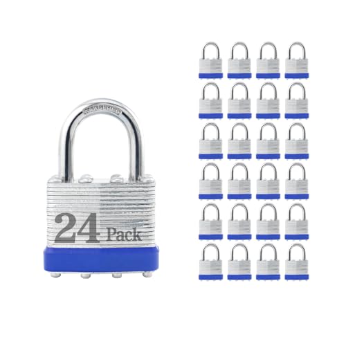 Image of ZonRo Locks Laminated Steel Keyed Padlocks,Keyed Alike Locks, 1-9 /16 inch Wide,Normal Shackle Padlocks, Pack of 24,Blue Hoop, for Hasp Latch, Sheds, Fences, Storage Locker, School, Gym