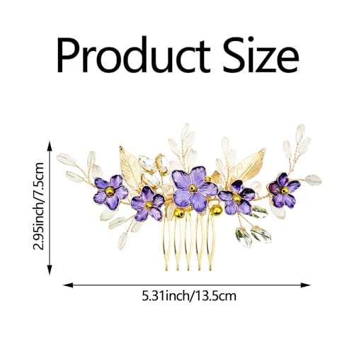 Peine para cabello de novia con flores moradas y cristales miniatura 2