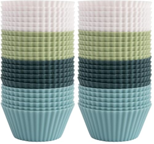Image of The Silicone Kitchen Reusable Silicone Baking Cup Silicone Muffin Liners for Cupcakes, BPA Free, Regular, 48 Pack, White Blue Green