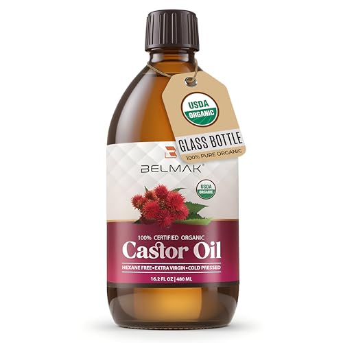 BELMAK Organic Castor Oil Cold Pressed Unrefined, USDA Certified & Hexane Free, 100% Pure Ricinus Communis Oil for Hair, Scalp, Brows and Lashes in Amber Glass Bottle (16.2 oz)