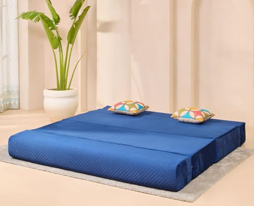 Image of uberlyfe Xtra High, Xtra Soft 3 Seater (6' x 6') Sofa Cum Bed | 1 Year Warranty | 17 inch Sofa Height | King Size Foldable Bed | Plush Laser Quilted Fabric | 2 Cushions Jharokha Pattern | Deep Blue Color