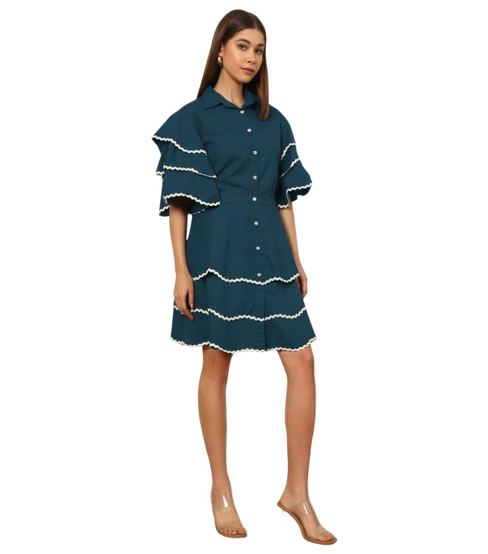 deebaco Solid Cotton Shirt With Layered Skirt Women's Co-Ord Set|Bell Layered Sleeves Collared Neck Mid Length Relax Fit Summer Western Casual Wear Ladies Cord Set (Teal)-picture-47
