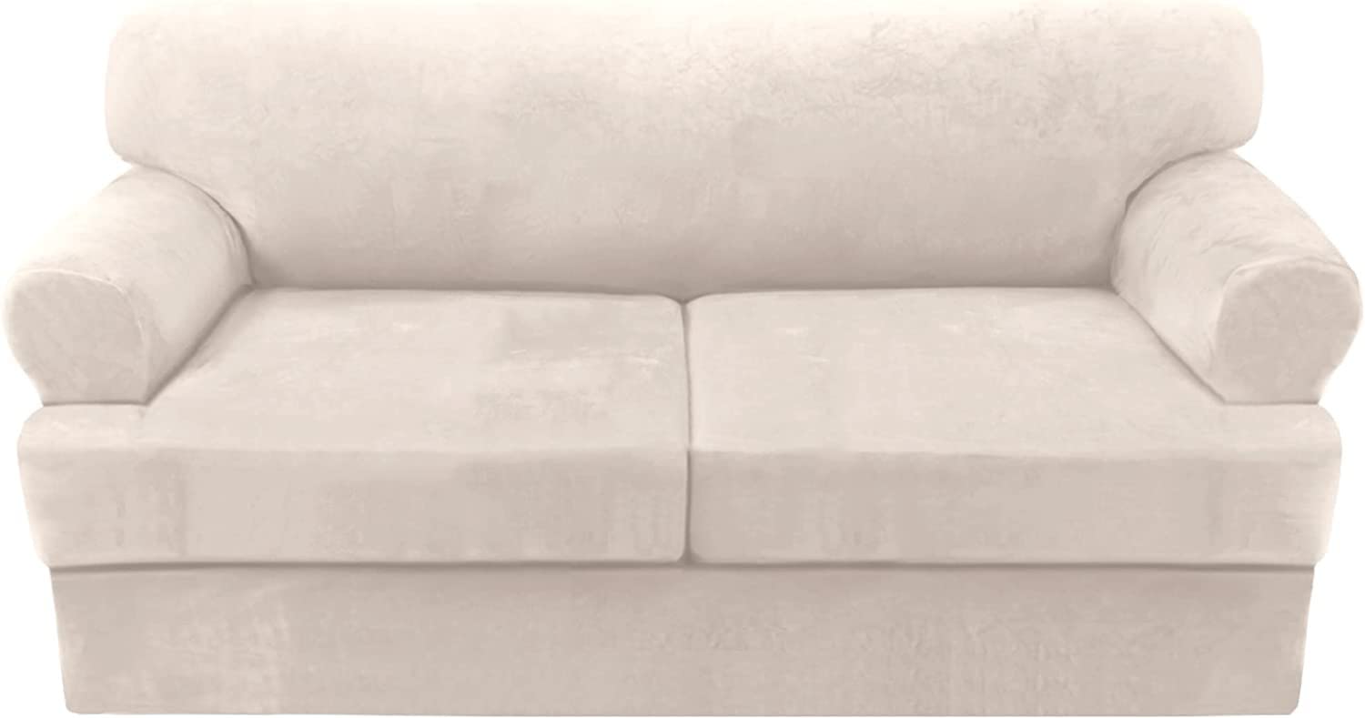 LINGKY Velvet Sofa Covers with Separate T Cushion Covers Ultra Soft Plush Sofa Slipcover No-Pilling Washable Furniture Protector with Elastic Bottom (Ivory,2 Cushion Loveseat)