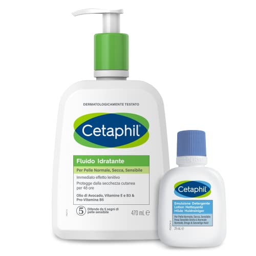 Cetaphil Fluido Idratante Crema Corpo, Senza Profumo, Formato 470 ml + Emulsione Detergente Viso e Corpo, Senza Profumo, Formato Viaggio 29 ml