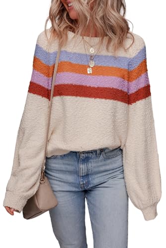 Urchics Jet Stream Striped Color Block Loose Sleeve Chic Sweater Pullover for Women