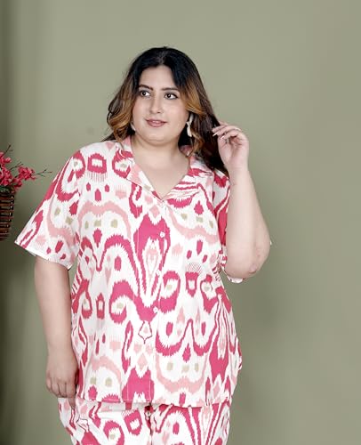 Image of Printed Shirt Style Cotton Night Suit for Women with Extra Plus Size