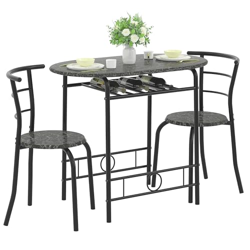 Image of VECELO 3-Piece Dining Table Set for Kitchen Breakfast Nook, Wood Grain Oval Tabletop and Metal Frame with Built-in Wine Rack, for Small Spaces, Faux Marble Black