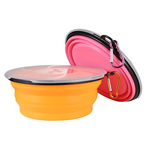 SLSON 2 Stück Hundenäpfe Faltbare Reiseschale, auslaufsichere Hundenapf mit Deckel und Haken Tragbare Silikon Trinkschale für Katzen,Hunde Wanderungen and Camping (1000ML, Orange und Pink) - Image 3