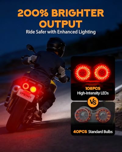 Image of PBYMT Enhanced Motorcycle Tail Light, Break light Running Lights, IP67 Waterproof Turn Signals with License Plate Bracket Compatible with Street Bike Cruiser Chopper Bobber (Red, 108 LEDs)