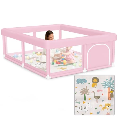 Image of Large Baby Playpen with Mat 50 inchx50 inch Baby Girl Play Pen for Babies and Toddlers, Safe Structure and Soft, Skin-Friendly Fabric with Zipper Gates Pink