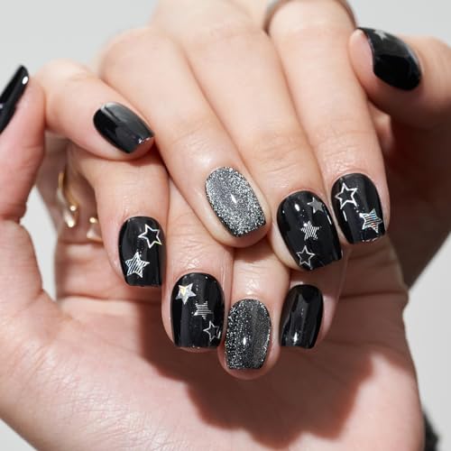 GLAMERMAID Press on Nails Extra Short Square, Winter Handmade Black Star Cat Eye Gel Glue on Nails, Glossy Fake Nails Reusable Acrylic False Nails Manicure Kits for Women