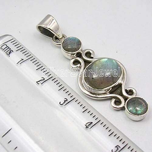 Genuine 6 x 6, 10 x 12 mm Labradorite Necklace Pendant 1.7" 925 Solid Silver