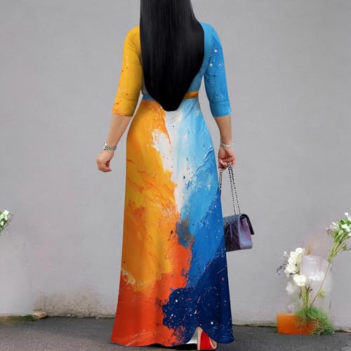 Image of PinkPatty Women's Print Maxi Dresses 3 /4 Sleeve Flowy Long Dress V Neck Wrap Tie Waist Sundress