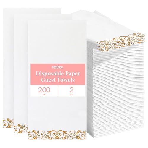 Image of Prestee 200 Pack Disposable Paper Guest Towels for Bathroom, 2-Ply - Elegant Linen Feel Paper Napkins - Absorbent Decorative Guest Towels for Bathroom, Wedding, and Party Use - (White and Gold)