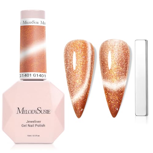 Image of MelodySusie Starry Cat Eye Gel Nail Polish, 0.5 Fl Oz Gold Pink Glitter Holographic Magnetic Nail Polish with Magnet, UV Nail Polish for Nail Art Manicure Salon DIY at Home G1401