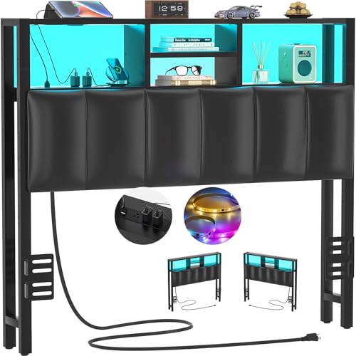 Image of Aheaplus Headboard for Twin Size Bed with Storage, Upholstered Headboards | with Outlets, USB Ports and LED Light, Reversible Twin Size Head Board, Height Adjustable, Comfortable Headboard, Black