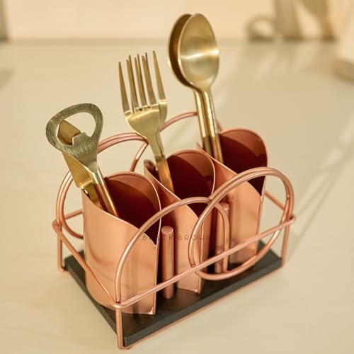 Image of Brick Brown Premium Metal Ferro Cutlery Holder | Spoon Stand for Kitchen & Dining Table | Handcrafted Cutlery Stand & Tabletop Cutlery Storage Box | Spoon Holder Caddy with 3 Section (6.5x4x5 inch)