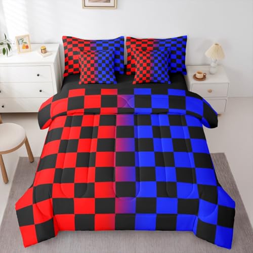 Image of Checkered Comforter Set With Sheets 7 Piece King Size Red Blue Plaid Bed in a Bag Kids Boys Girls Cute Retro Neutral Checkerboard Geometric Bedding Set Vintage Aesthetic Bedroom Decor Breathable Soft